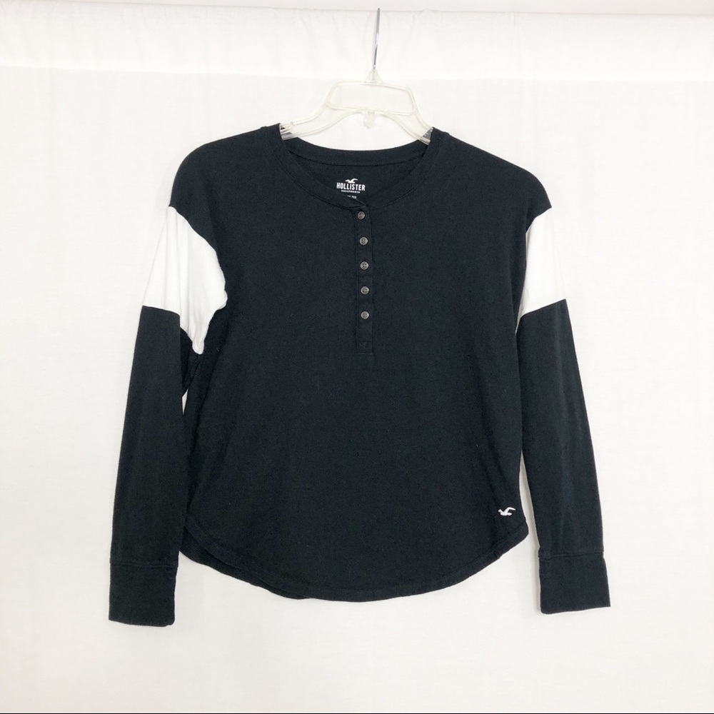 Hollister Black Long Sleeve Henley with White Sleeve Panels